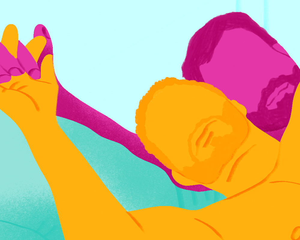 conto erótico o cuzinho do ativo. ilustração de um casal gay deitado com as mãos entrelaçadas.
