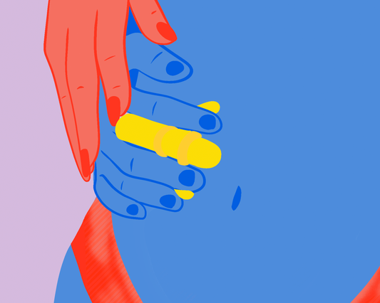 Conto Erótico - Trisal com o Clits. Ilustração de um duas mãos diferentes segurando um vibrador tipo bullet