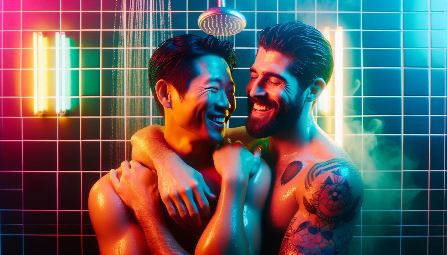 Conto Erótico Duelo de Espadas. Imagem criada por IA de dois homens tomando banho juntos.