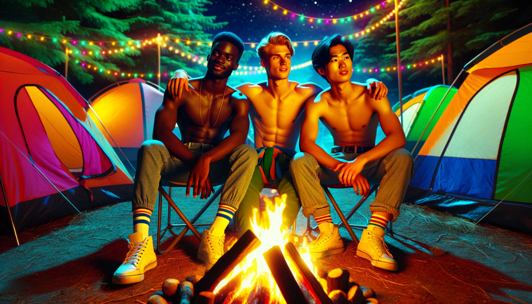 Conto Erótico Gozando a Três no Mato. Arte gerada por IA de três rapazes acampando, abraçados de frente para uma fogueira.