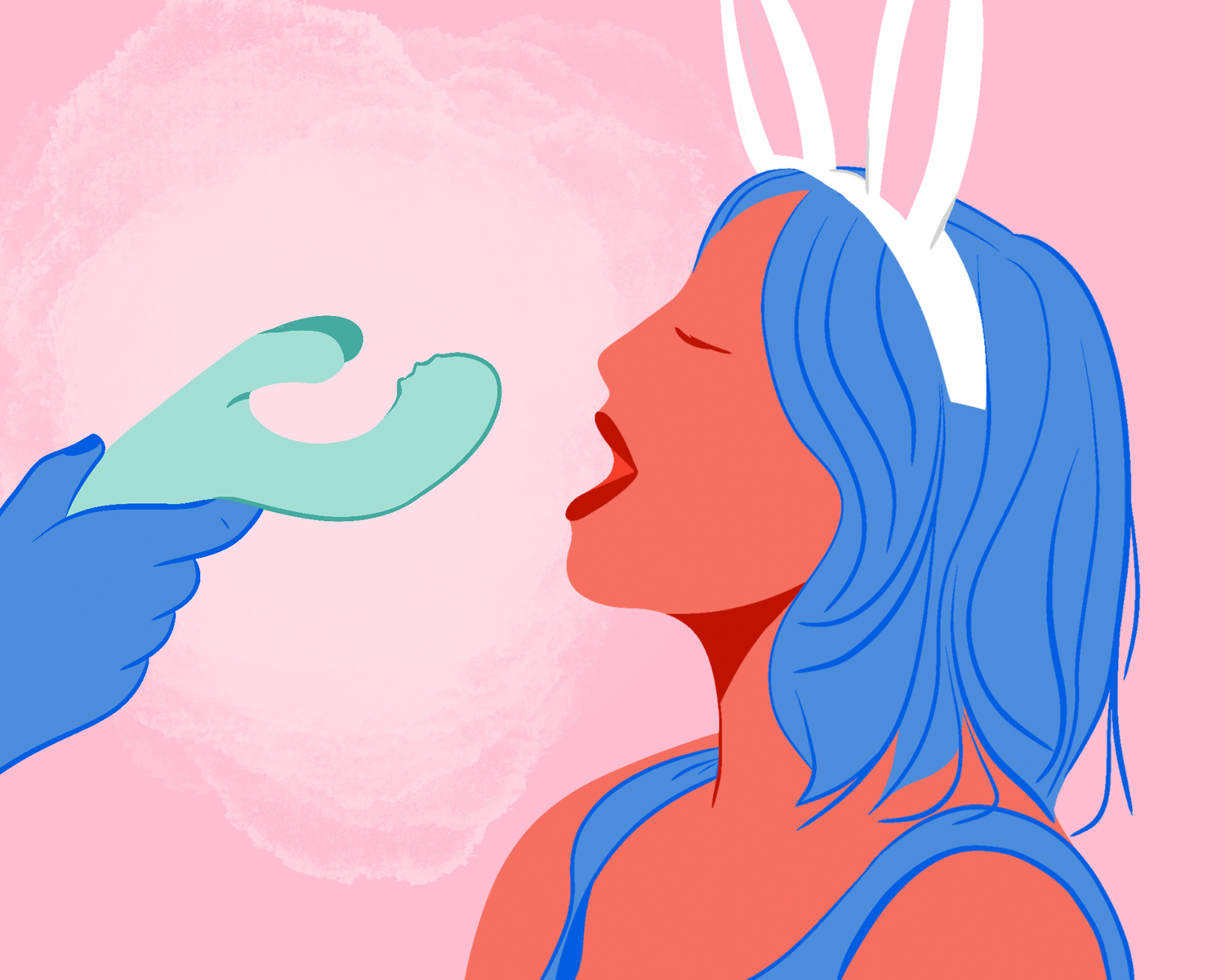 conto erótico rabbit de páscoa. Ilustração de uma mulher usando orelhinhas prestes a morder um vibrador rabbit.