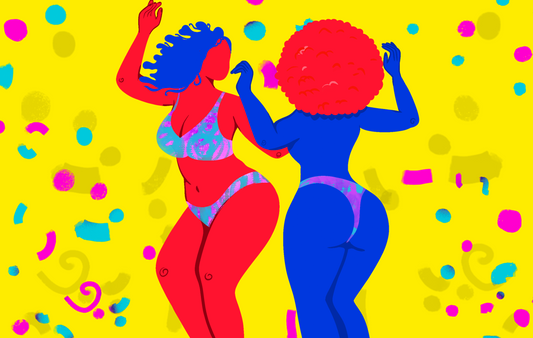 Sexo Erótico Sexo em Público no Bloquinho. Ilustração de duas mulheres dançando em meio a confetes.