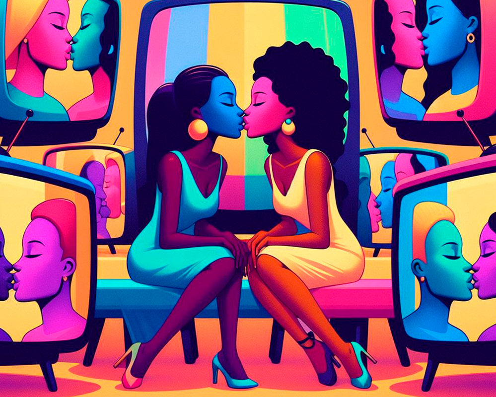 conto erótico big bucetas brasil. Ilustração de duas mulheres bem arrumadas se beijando em um sofá ao redor de televisões.