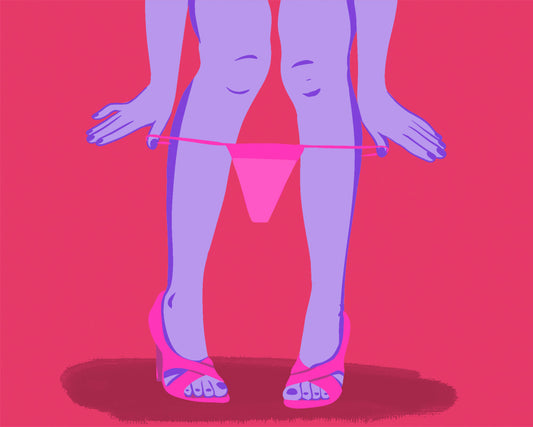 Conto Erótico - A Cor do Tesão. Ilustração de uma mulher usando as mãos para abaixar a sua calcinha rosa até a altura de suas canelas.