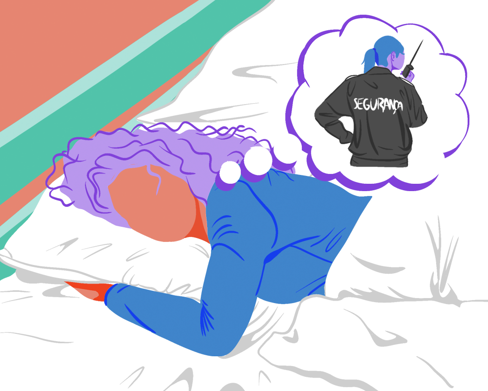 Conto Erótico - Black Foda dos Sonhos. Ilustração de uma mulher deitada na cama sonhando com uma mulher vestida de segurança.