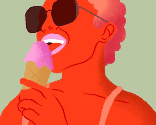 Conto Erótico Cega e Safada. Ilustração de uma mulher com óculos escuros lambendo um sorvete.