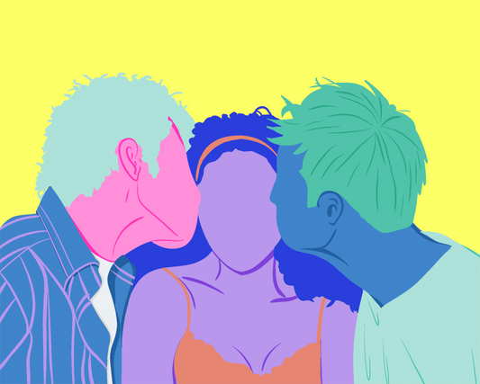 Conto Erótico Dia de Gozar a Três. Ilustração de uma mulher entre dois homens beijando o seu rosto.