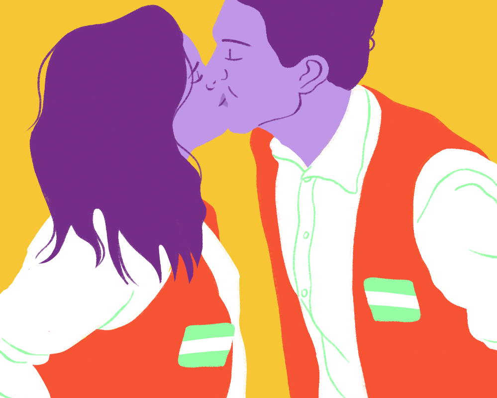 Conto Erótico Foda de Black Friday. Ilustração de um casal hétero se beijando vestindo jalecos de assistentes de loja.