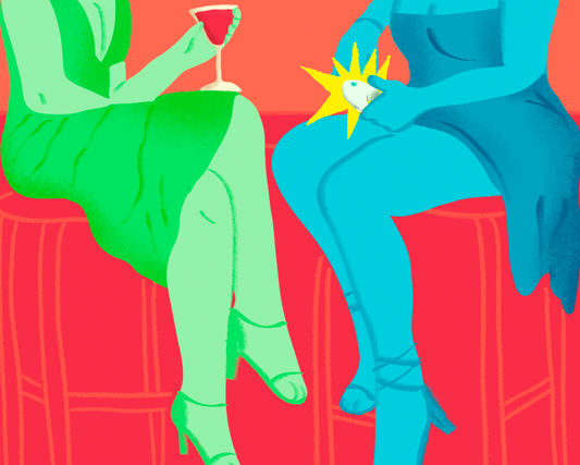 Conto Erótico Gozando em Público, Ilustração de duas mulheres sentadas de pernas cruzadas uma de frente para a outra.