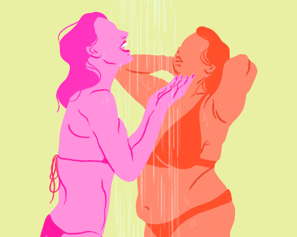 Conto Erótico Gozo Shower, Ilustração de duas mulheres dividindo o chuveiro.