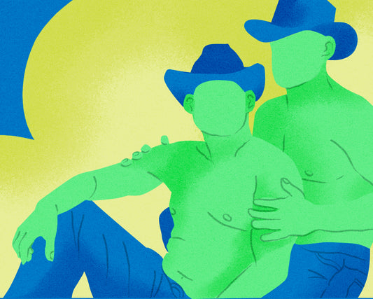 Conto Erótico Montando no Cowboy. Ilustração de dois homens abraçados com chapéu de vaqueiro.