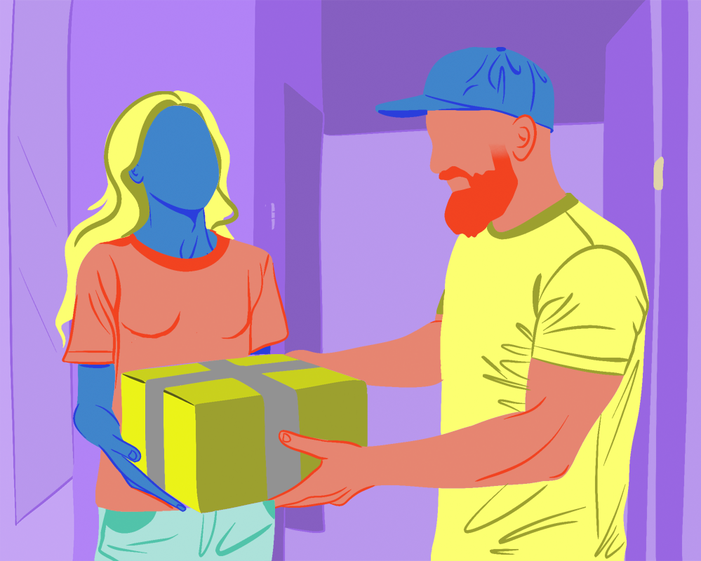 Conto Erótico - O pacotão do vizinho. Ilustração de uma mulher com uma caixa entregando a um homem com barba e boné.