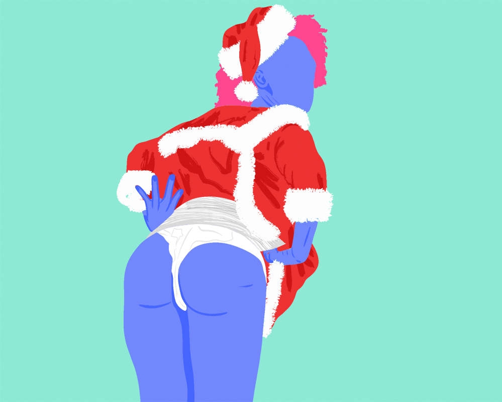Conto Erótico - O Presente da Levada. Ilustração de uma mulher vestindo uma roupa sensual natalina e mostrando a calcinha.