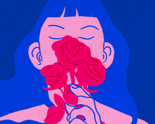 Conto Erótico Primavera Bissexual. Ilustração de uma mulher cheirando rosas.