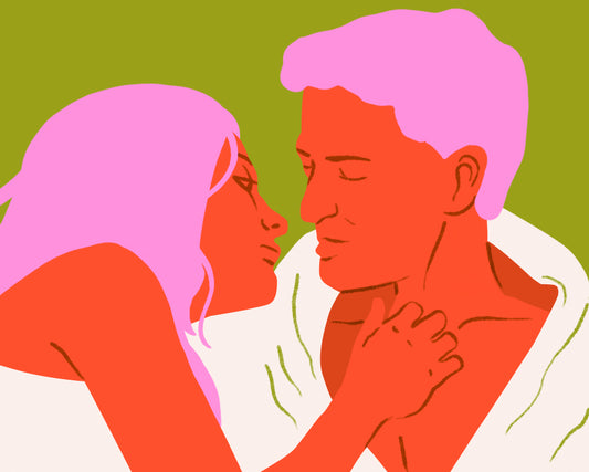 Conto Erótico Pau Amigo. Ilustração de um homem e uma mulher se olhando com desejo.