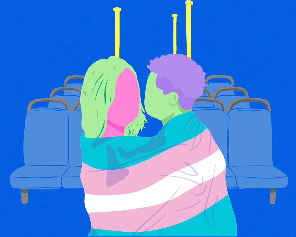 Conto Erótico Transensual, duas mulheres prestes a se beijar cobertas pela bandeira trans.