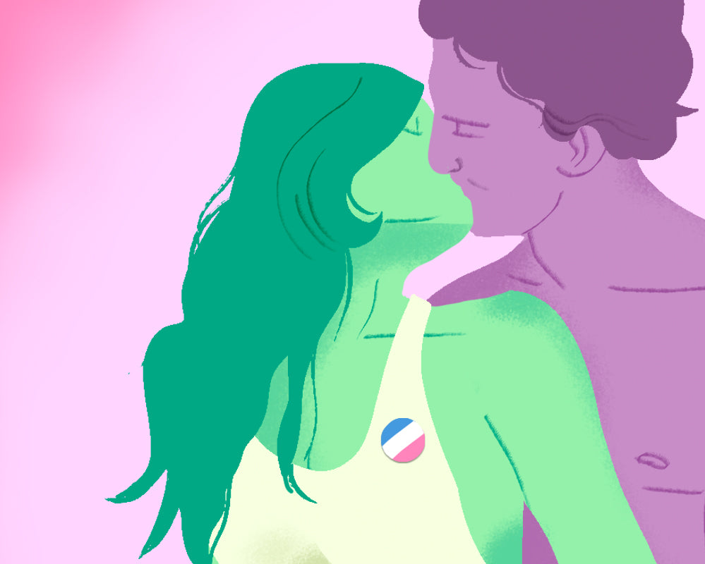 Conto Erótico Trepando na Parada - Ilustração de uma mulher com um broche da bandeira trans beijando um homem.
