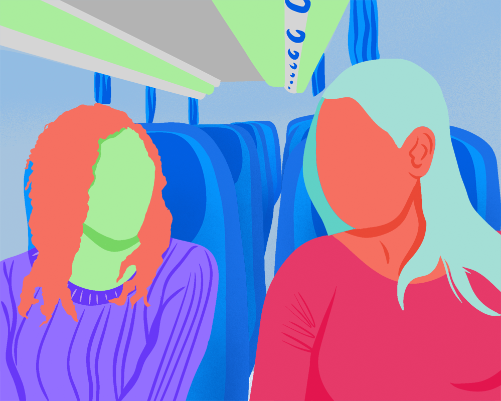 Conto Erótico Trepando no Busão, ilustração de duas mulheres sentadas em poltronas lado a lado em um ônibus.