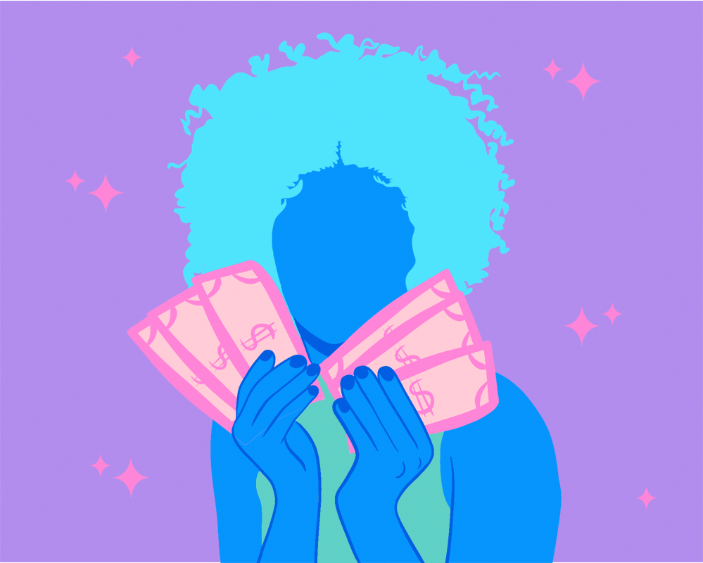 Conto Erótico Xerépix de Pink Money. Ilustração de uma mulher segurando notas de dinheiro, cor de rosa.