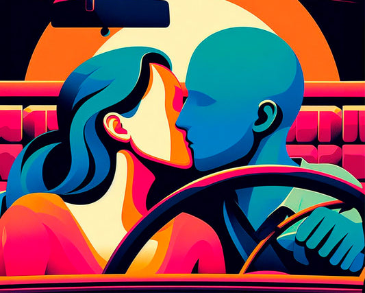 Conto Erótico Casal Trans no Estacionamento. Ilustração de um homem e uma mulher se beijando dentro de um carro.