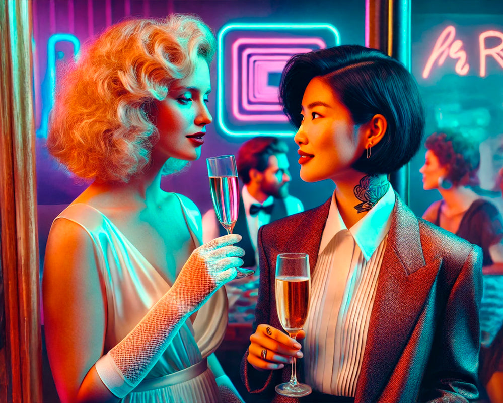 Conto Erótico Comi a Ex na Festa da Firma. Imagem criada através de inteligência artificial mostrando duas mulheres em trajes sociais, com taças de bebidas em suas mãos, se olhando com paixão.