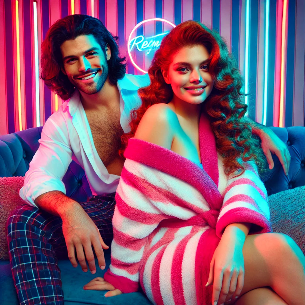 Conto Erótico Putz, que DP. Imagem gerada por IA de uma mulher em roupão de banho sentada no sofá ao lado de um homem com camisa social aberta e sorrindo.