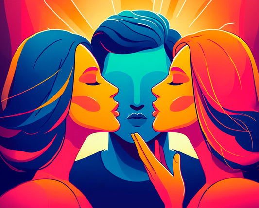 Conto Erótico Sexo a Três com o Ex. Ilustração de três pessoas prestes a se beijar, um homem ao meio e duas mulheres ao lado.