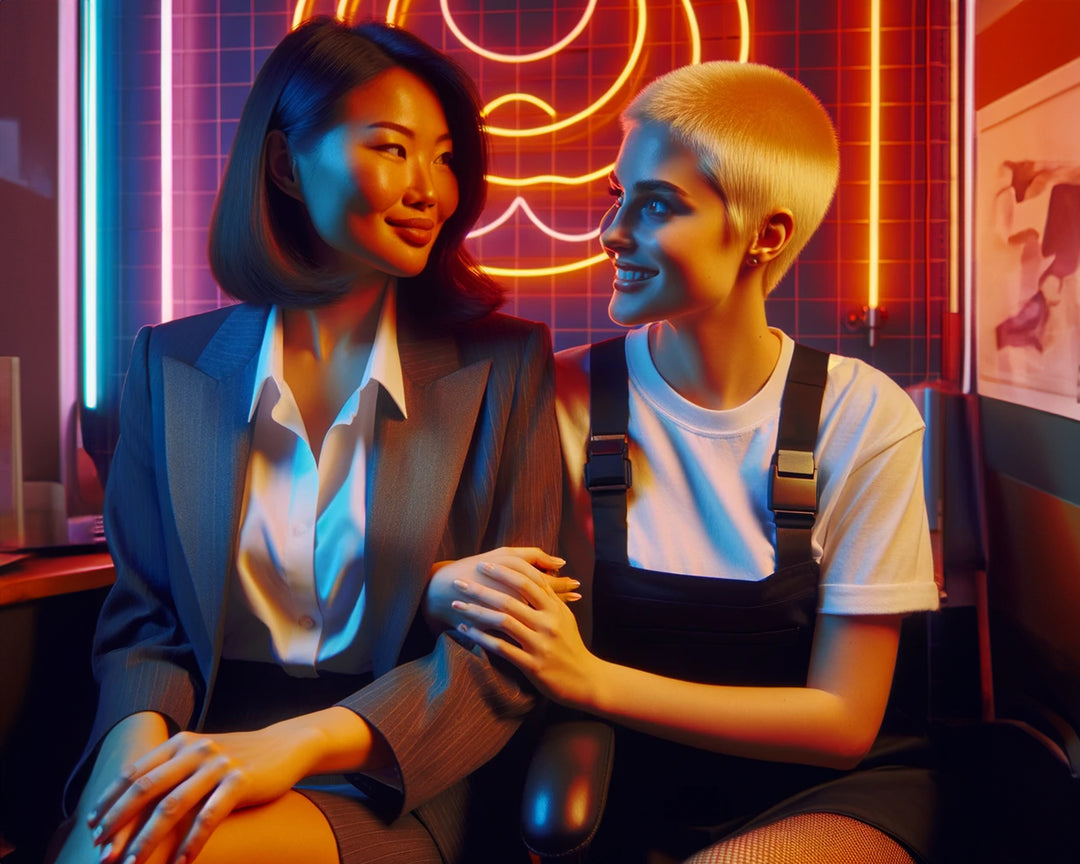 Conto Erótico - Sexo no escritório. Imagem criada através de IA. Duas mulheres sentadas ao lado da outra em um ambiente de escritório.