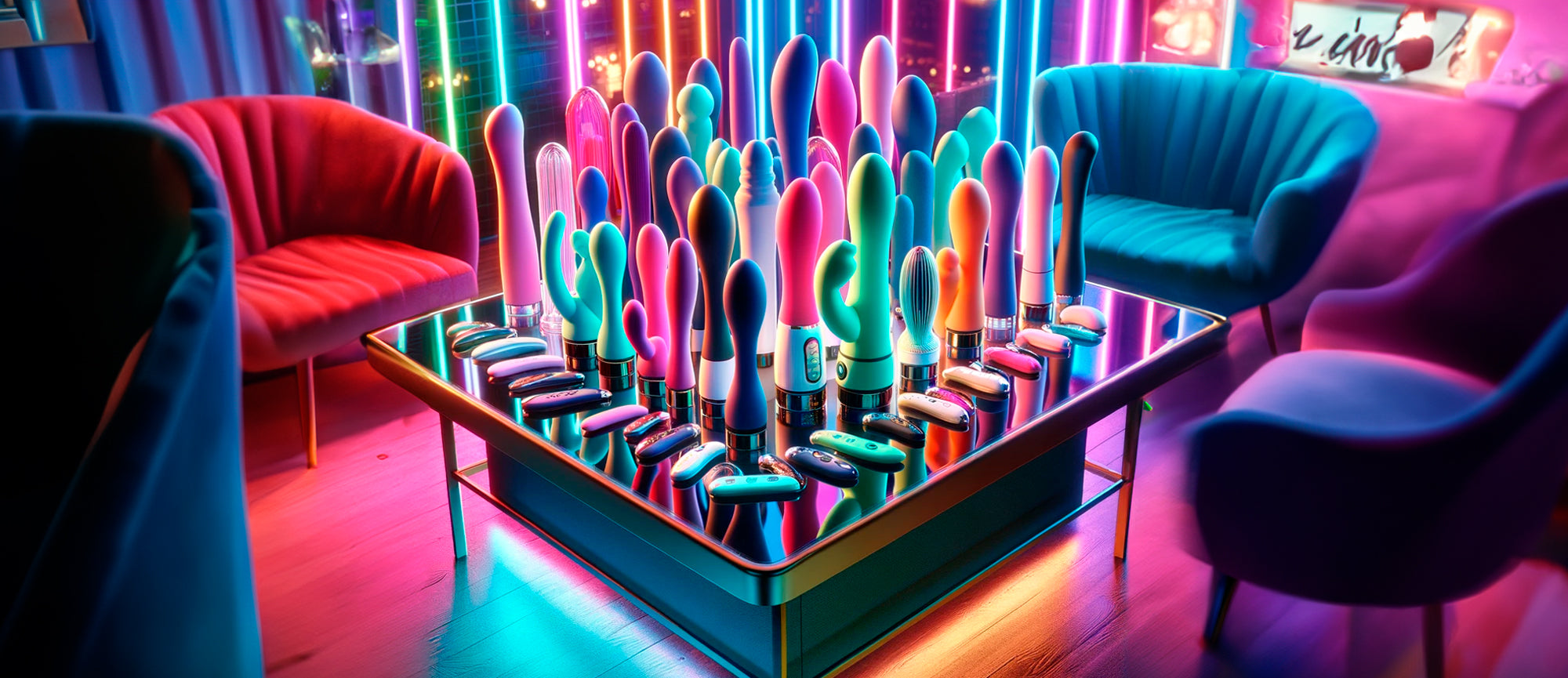 Guia do Sex Toy: Encontre o brinquedo erótico ideal para você. Imagem criada por IA de uma mesa repleta de vibradores.