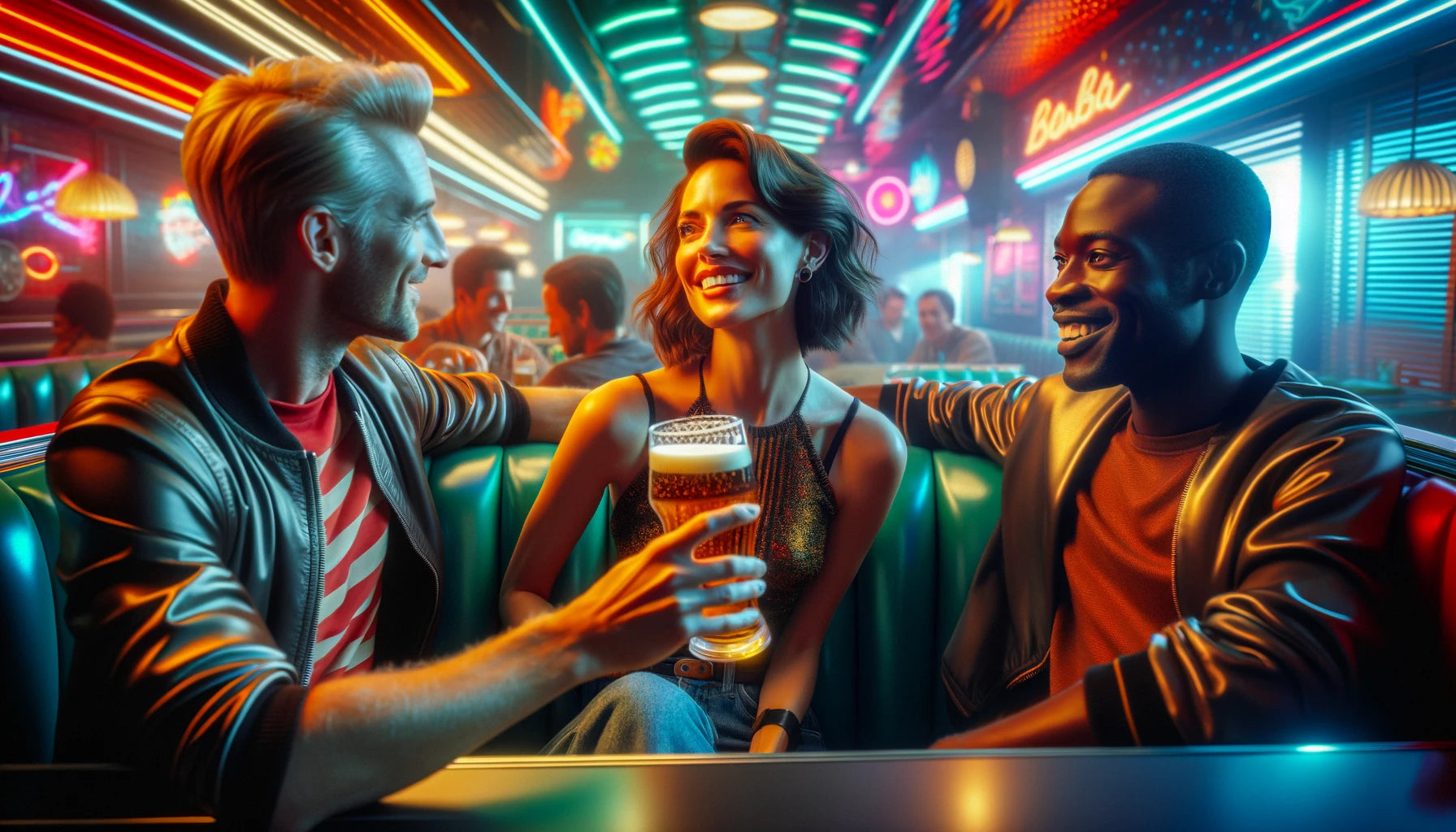 conto erótico - sexo a três no bar. arte IA de três pessoas sentadas em uma mesa de bar.