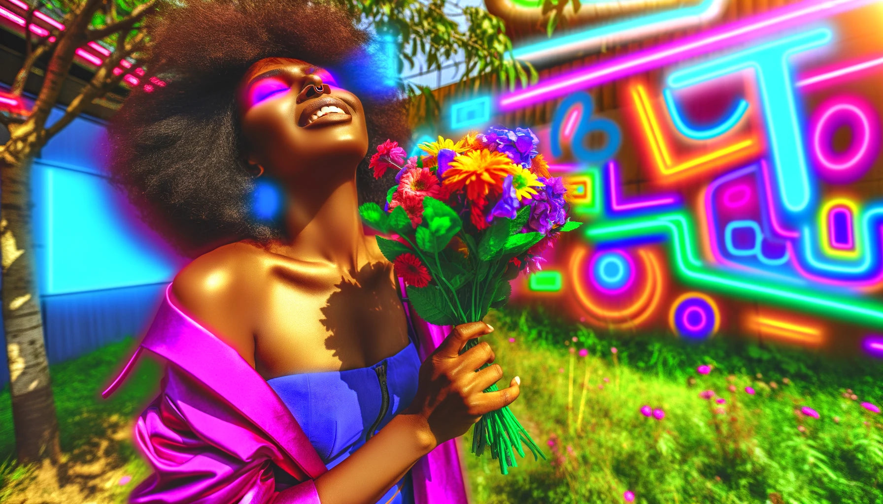 Conto Erótico - Primavera Bissexual. Imagem criada por IA de uma mulher tomando sol e segurando flores.