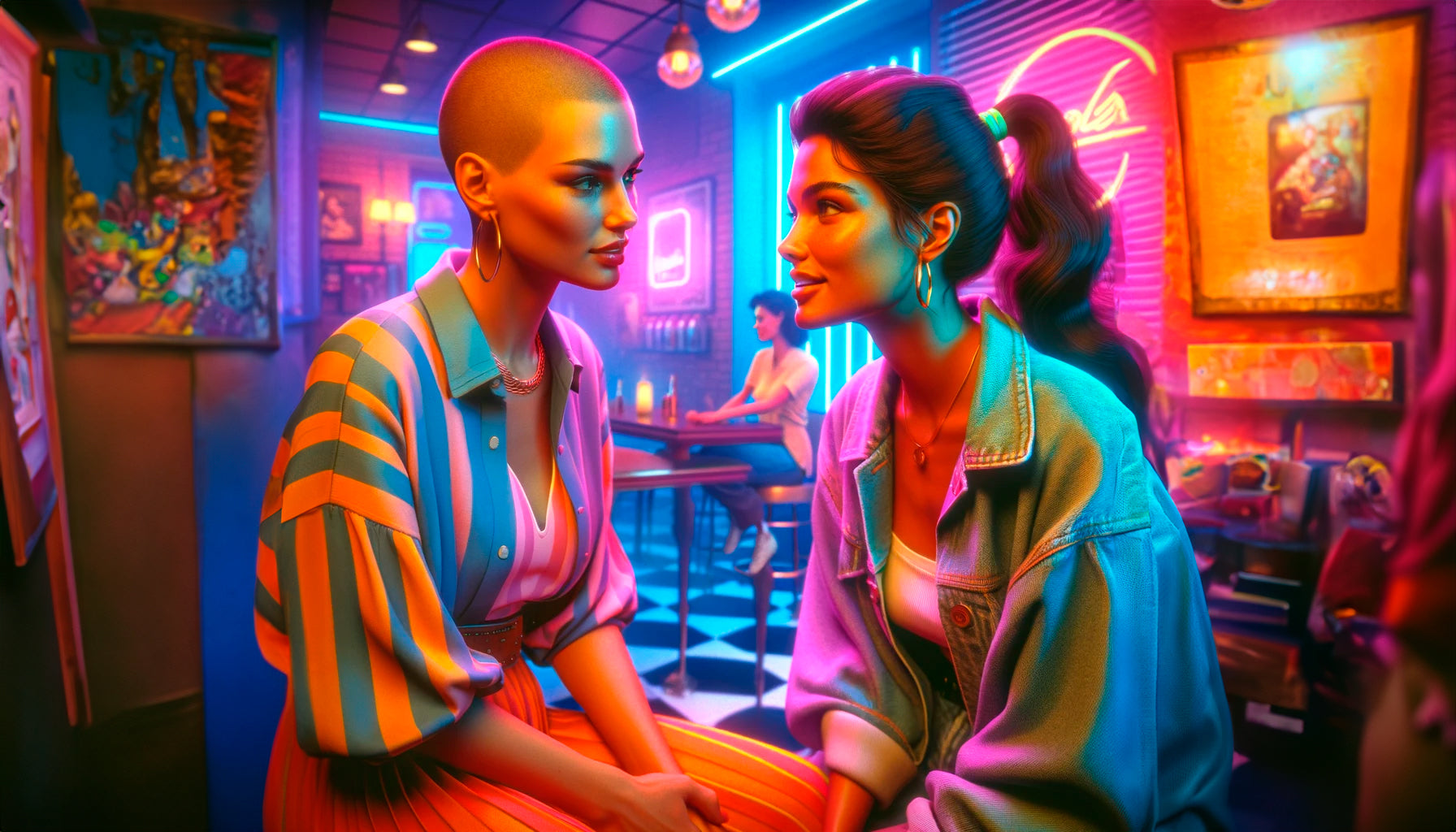 Conto erótico edging surra de xoxota. Arte feita por IA, duas mulheres sentadas conversando se olhando.